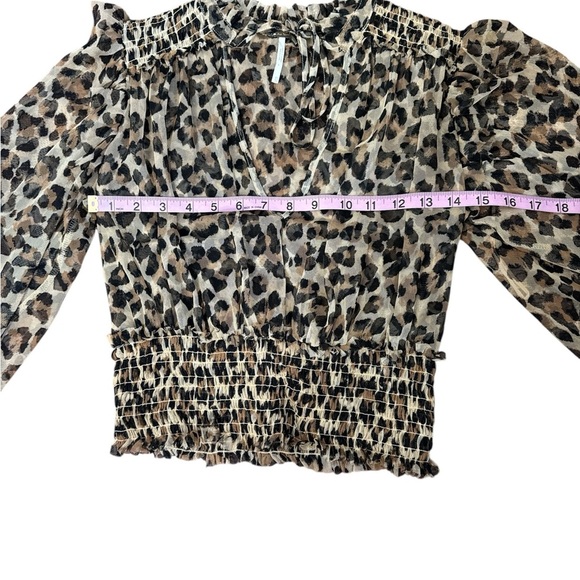 Free People Leopard Mesh Smocked Top | Size XS | Sheer Puff Sleeve Blouse - Picture 6 of 9